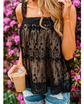 Flower Embroidery Ruffled Hem Lace Tank Top