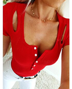 Pure Color U Neck Hollow Button Ribbed Top