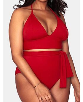 2-peice V-neck Frill Detail Backless Top & Lace-up Shorts Swimsuit Set