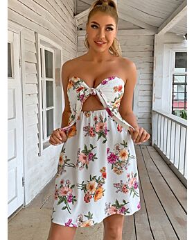 Off Shoulder Front Knot Cut Out Chest Wrap Floral Print Mid-waisted Dress
White