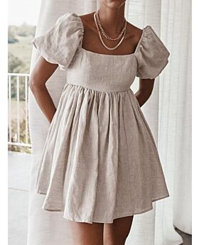 Square Collar Puffed Sleeves Plain Color Linen A-line Dress
khaki