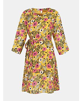 Plus Size V-collor Floral Print Chiffon Drawstring Waist Lace-up Dress 210531736
