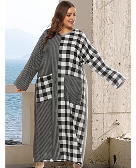 Plus Size Plaid Stitching Stripes Pocket Long Sleeve Maxi Dress
black