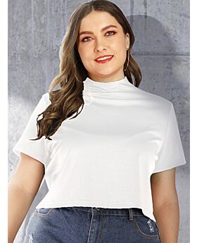 Plus Size High Collar Pure Color Short Sleeve T-shirt White
