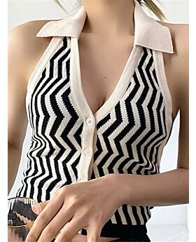 Striped Halter Lapel Knitted Breasted Tank Top
black
