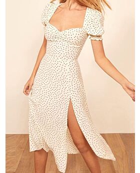 Puff Sleeve Floral & Polka Dot Print Split Thigh Waist Dress
white