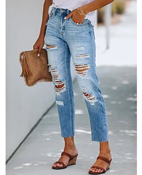 Middle-waist Fringed Ripped Denim Pants 210607852