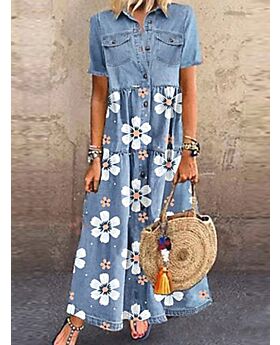 Pockets Detail Single Breasted Floral Print Swing Maxi-dress
blue