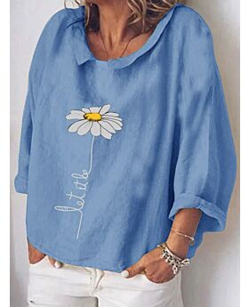 Lapel Collar Daisy Print Long Sleeve T-shirt
Blue