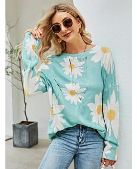 Floral O-neck Long Sleeve Hollow Knitted Sweater 210710020