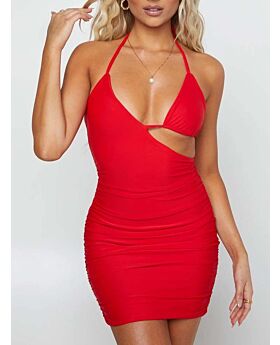 Buy Backless Halter Strappy Bikini Pleated Solid Skinny Mini Dresses Wholesale Clubwear 210720926