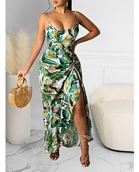 High Waist Floral Print Split Spaghetti Strap Dress 210721483