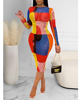 Bodycon Long-sleeve Transparent Color-blocking Fringed Neck Net Yarn Midi Dresses 210721565