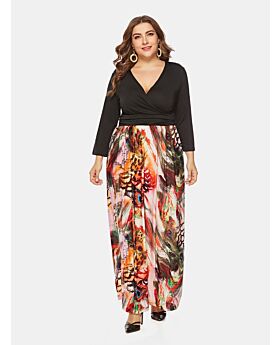 Wholesale Plus Size Clothing V-neck Full-sleeves Floral Pleated Maxi Dresses 210722230