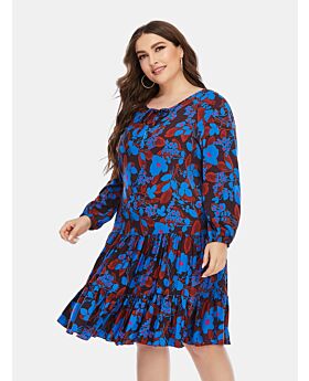 Floral Pattern Loose Long Sleeve Round Neck Plus Size Dress 210722623