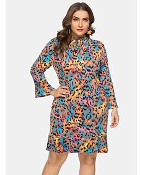 Wholesale Plus Size Clothing Bow Tie V-neck Colorblock Leopard Print Dress 210722636