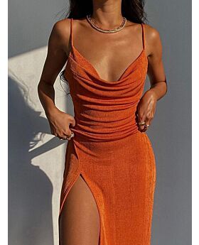 Pile Collar Thigh Split Cami Maxi-Dress Dresses Cheap Wholesale Womens Clothing 210722959