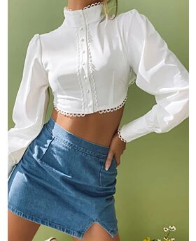 Band Collar Lace Fall Short Plain Crop Tops Wholesale Shirt 210728670