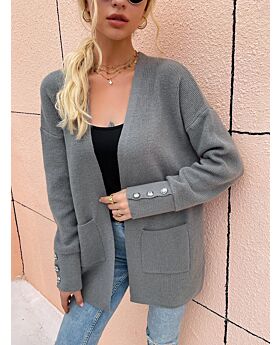 Solid Color Button Decor Open Front Cardigans with Pocket 210729981