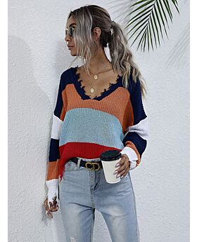 V-neck Fringe Trim Striped Blouse Sweater T-shirt 210730088
