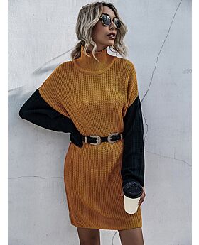 Mock Neck Colorblock Stitching Sweater Dress Without Belt 210730867