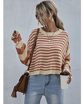 Short Sweater Knitting Fall Loose Casual Stripes Colorblock 210803169