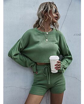 2021 New Fall Solid Crop Blouse Sweater & Shorts Set 210803287