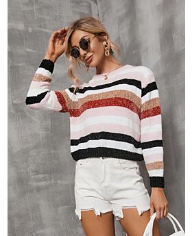 Stripes Colorblock O-neck Fall Short Sweater 210804592