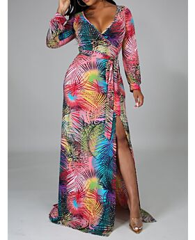 Surplice Collar Low Cut High Slit Printing Maxi Dress 210810304