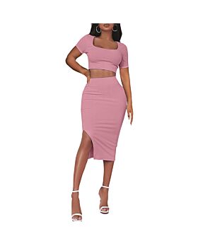 Short Sleeve Crop Tops & Slim Fit Ribbed Slit Skirts Sexy Suits Wholesale Women'S 2 Piece Sets 
