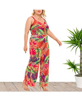 Wholesale Women'S Plus Size Clothing V-Neck Suspenders With Contrasting Color Printing Wide-Leg Jumpsuit N4623021400187