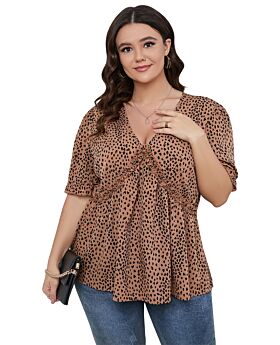 CLEARANCE! Wholesale Plus Size Clothing Casual Short Sleeve V-Neck Ruffle Trim Doll Shirt (NO RETURN OR EXCHANGE)
