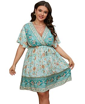 CLEARANCE! Wholesale Plus Size Clothing Bohemian V-Neck Tie Waist A-Line Flared Sleeve Floral Dress (NO RETURN OR EXCHANGE)