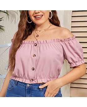Sexy Off-Shoulder Crop Tops Short Sleeve Solid Color Wholesale Plus Size Clothing In Pink