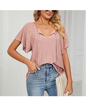 V-Neck Solid Color Tie Short-Sleeve Loose Lace Hollow T-Shirt Wholesale Womens Tops