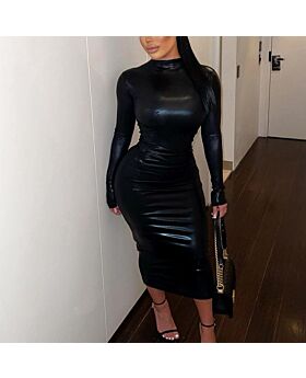 Fashion Solid Color Long Sleeve Slim Fit Bodycon PU Leather Dress Wholesale Dresses 