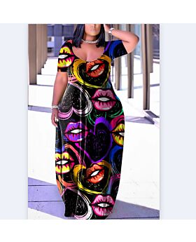 Wholesale Women Plus Size Clothing Short Sleeve U-Neck Printed Dress N4623051700087
