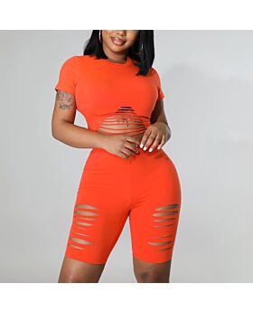 Solid Color Tight Hollow Crop Tops & Shorts Sexy Suits Wholesale Women'S 2 Piece Sets