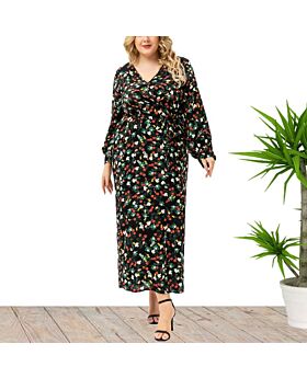 Wholesale Plus Size Clothing Casual V-Neck Long Sleeve Floral Split Dress N5923091200033