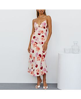 Floral Print V-Neck Slim Fit Mid Length Split Sling A-Line Dress Wholesale Dresses 
