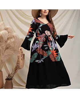 Casual V Neck Print Midi Dress Long Sleeve Lace-up Swing Dresses Wholesale Plus Size Clothing In Black