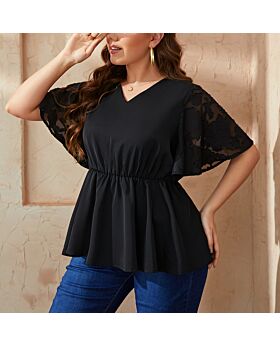 Mesh Short Sleeve Nipped Waist Women Curvy Tunic Tops Wholesale Plus Size Clothing In Black