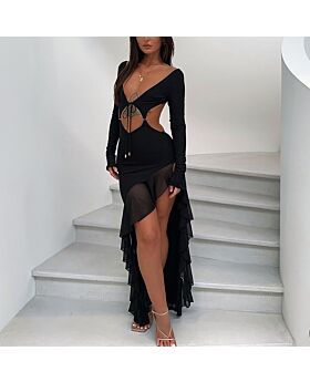 Irregular Long-Sleeved Ruffled Strappy Hollow Backless Dress Wholesale Dresses N4623033000124
