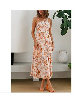 Lace-Up Slanted Shoulder Backless Mid-Length Waist Sexy Floral Dress Wholesale Dresses N5323030800141