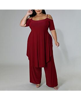 Sexy Tunic Tops & Trousers Women 2pcs Sets Wholesale Plus Size Clothing In Burgundy