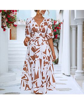 V-Neck Puff Short Sleeve Mid-Length Casual Dress Wholesale Dresses 