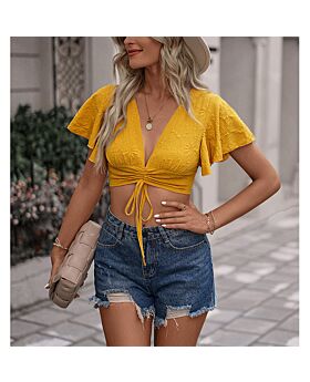 Summer Sexy Short V-Neck Drawstring T-Shirts Ruffle Crop Top Wholesale Womens Tops N5323030800317