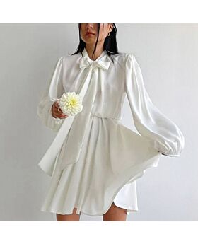 Elegant Long Sleeve Stand Collar Waist Bowknot Short Satin Dress Wholesale Dresses N5323021400220