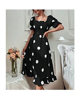 Polka Dot Print Square Neck Puff Sleeve Retro Ruffle Midi Dress Wholesale Dresses