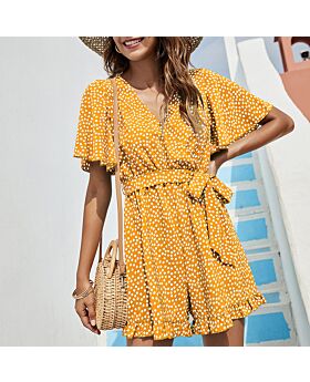 Summer V-Neck Lace-Up High Waist Flare Short Sleeve Women Rompers Wholesale Jumpsuits N5323030800312